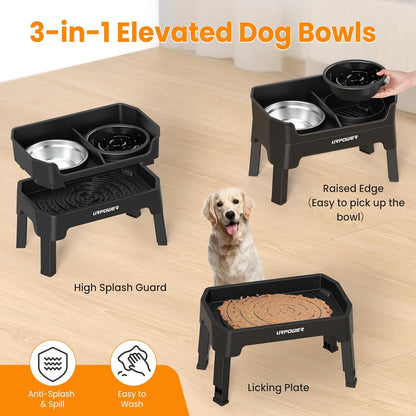 Elevated Dog Bowls, 3-in-1 Double Deck Raised Dog Bowl Stand | 4 Height Adjustable Raised Stand with 2 Stainless Steel Food Bowls & Licking Plate for Small, Medium & Large Dogs