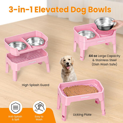 Elevated Dog Bowls, 3-in-1 Double Deck Raised Dog Bowl Stand | 4 Height Adjustable Raised Stand with 2 Stainless Steel Food Bowls & Licking Plate for Small, Medium & Large Dogs