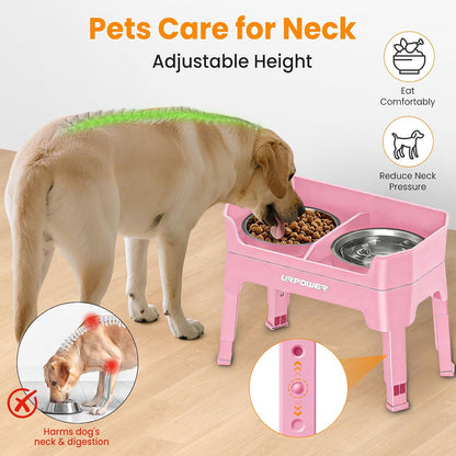 Elevated Dog Bowls, 3-in-1 Double Deck Raised Dog Bowl Stand | 4 Height Adjustable Raised Stand with 2 Stainless Steel Food Bowls & Licking Plate for Small, Medium & Large Dogs