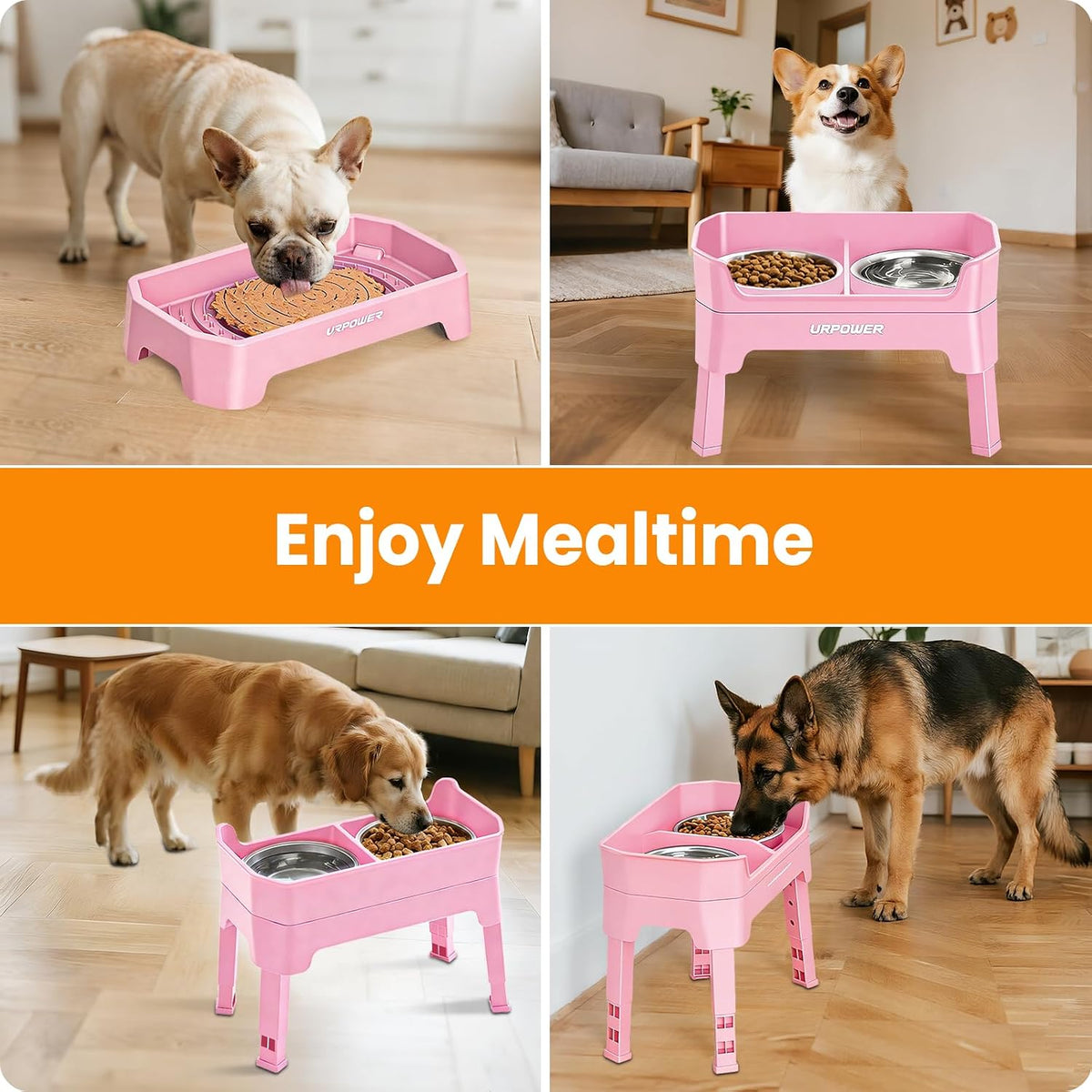 Elevated Dog Bowls, 3-in-1 Double Deck Raised Dog Bowl Stand | 4 Height Adjustable Raised Stand with 2 Stainless Steel Food Bowls & Licking Plate for Small, Medium & Large Dogs