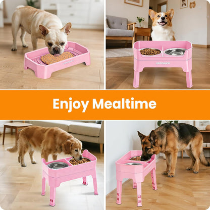 Elevated Dog Bowls, 3-in-1 Double Deck Raised Dog Bowl Stand | 4 Height Adjustable Raised Stand with 2 Stainless Steel Food Bowls & Licking Plate for Small, Medium & Large Dogs
