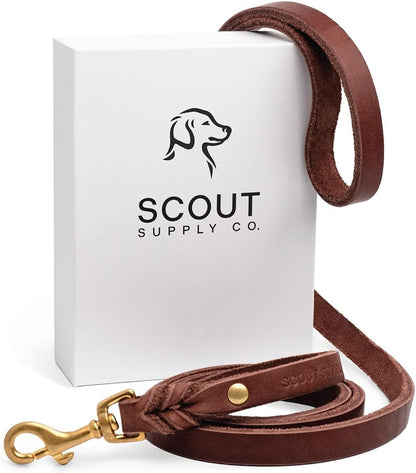 Scout Supply Classic Leather Dog Leash | Strong Heavy Duty Thick Full Grain Leather | Waterproof & Rust-Proof Brass Hardware (Dark Brown, M: 4.5 ft x 1/2 in)