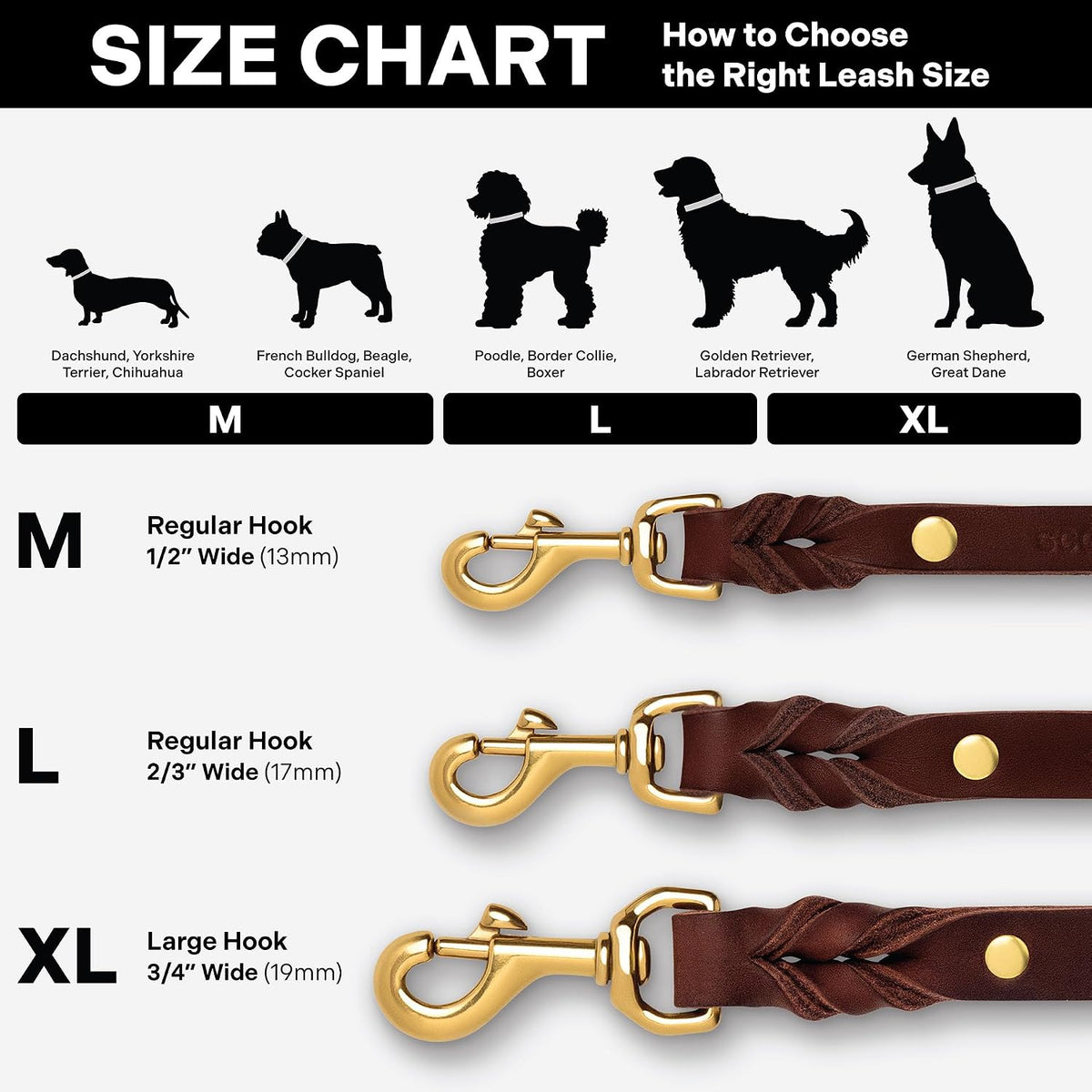 Scout Supply Classic Leather Dog Leash | Strong Heavy Duty Thick Full Grain Leather | Waterproof & Rust-Proof Brass Hardware (Dark Brown, M: 4.5 ft x 1/2 in)