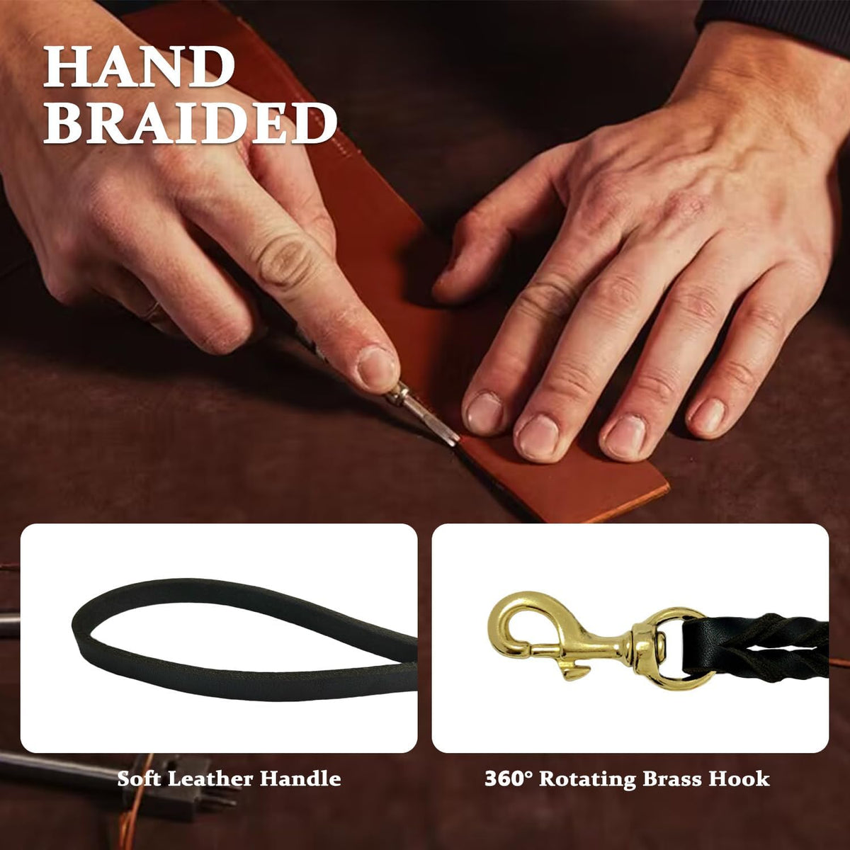 Leather Dog Leash 6ft x 1/2'', Heavy Duty Braided Dog Leashes with Rotating Clasp, Genuine Handmade Leather Dog Training Leash for Small Medium Dogs