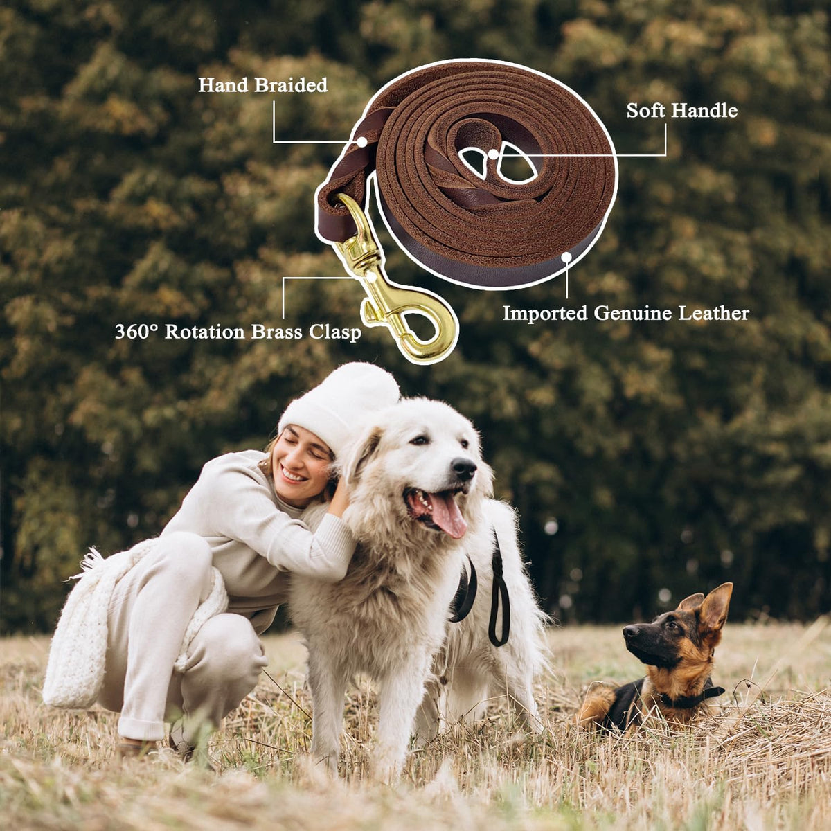 Leather Dog Leash 6ft x 1/2'', Heavy Duty Braided Dog Leashes with Rotating Clasp, Genuine Handmade Leather Dog Training Leash for Small Medium Dogs