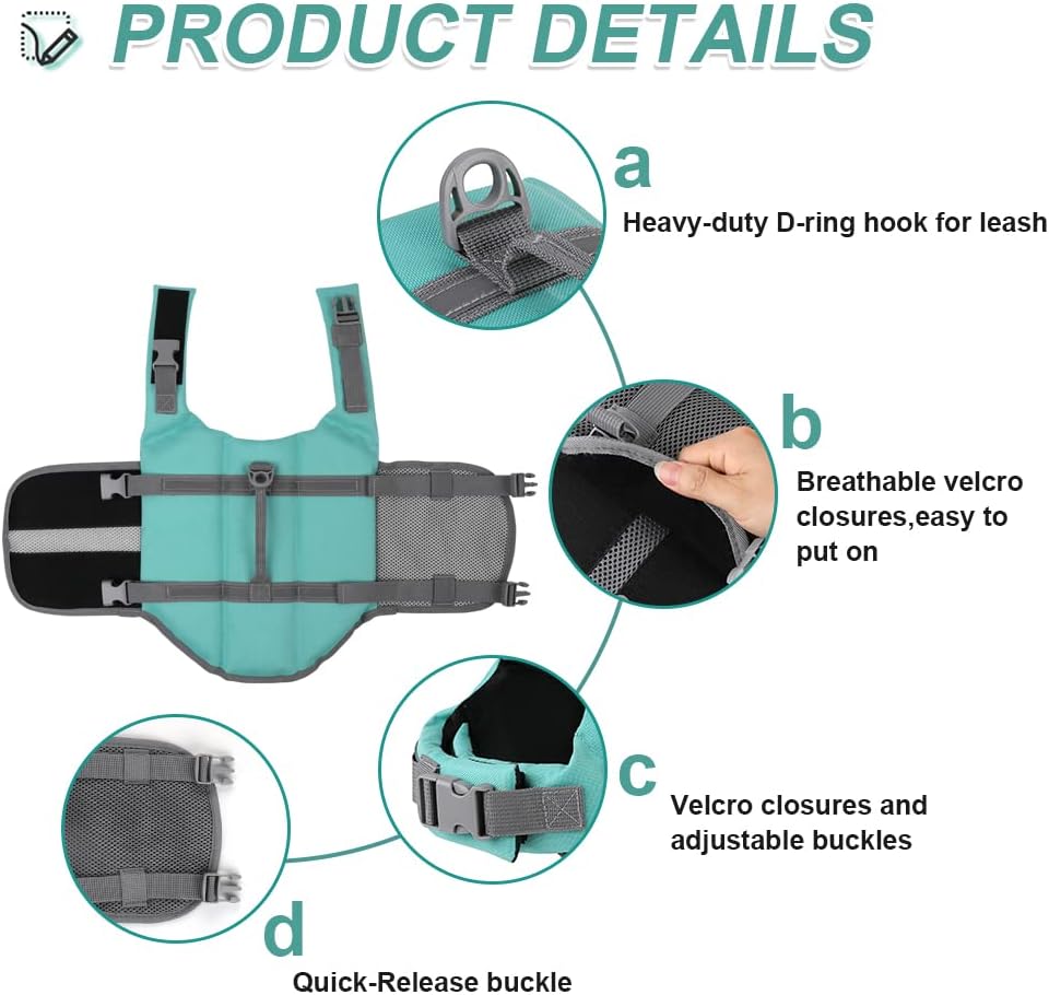 Dog Life Jacket with Rescue Handle, Dog Life Vest for Swimming Boating, Adjustable Reflective Puppy Swim Vest with Superior Buoyancy for Small Medium Large Dogs