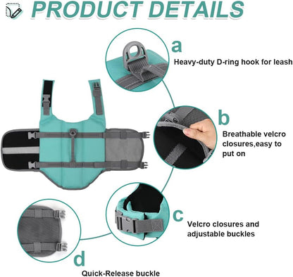 Dog Life Jacket with Rescue Handle, Dog Life Vest for Swimming Boating, Adjustable Reflective Puppy Swim Vest with Superior Buoyancy for Small Medium Large Dogs