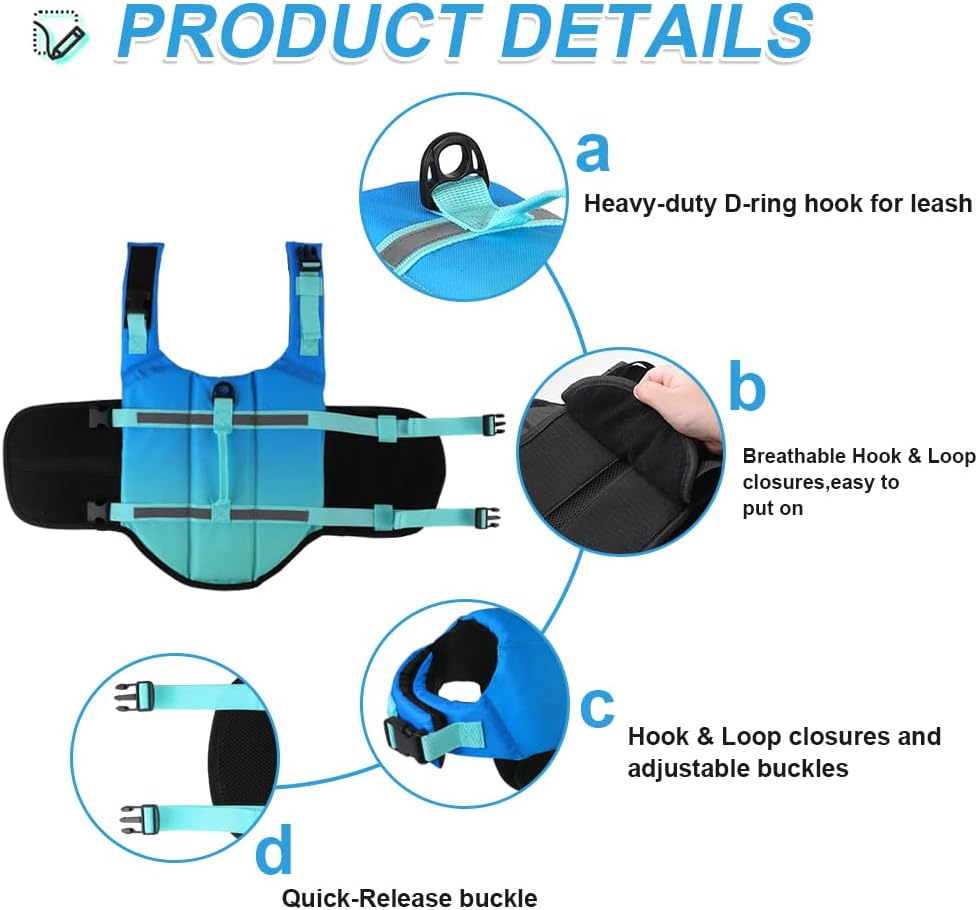 Dog Life Jacket with Rescue Handle, Dog Life Vest for Swimming Boating, Adjustable Reflective Puppy Swim Vest with Superior Buoyancy for Small Medium Large Dogs