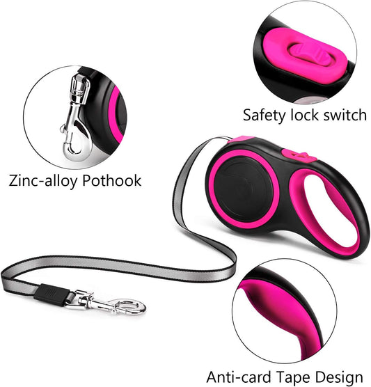 26ft Dog Leash Retractable, 8m Dog Leads Long for Medium Large Breed Pets 44-110Lbs, No Tangle Nylon Tape and 1 Button Break & Lock Heavy Duty Leash for Training Running, Pink