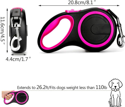 26ft Dog Leash Retractable, 8m Dog Leads Long for Medium Large Breed Pets 44-110Lbs, No Tangle Nylon Tape and 1 Button Break & Lock Heavy Duty Leash for Training Running, Pink