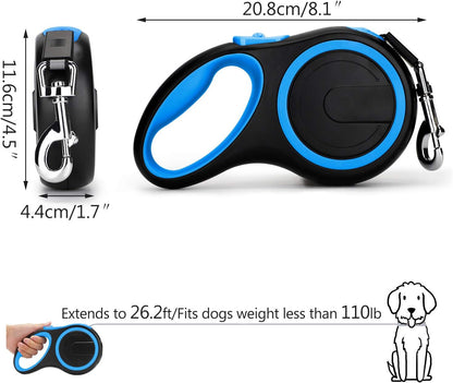 26ft Dog Leash Retractable, 8m Dog Leads Long for Medium Large Breed Pets 44-110Lbs, No Tangle Nylon Tape and 1 Button Break & Lock Heavy Duty Leash for Training Running, Pink