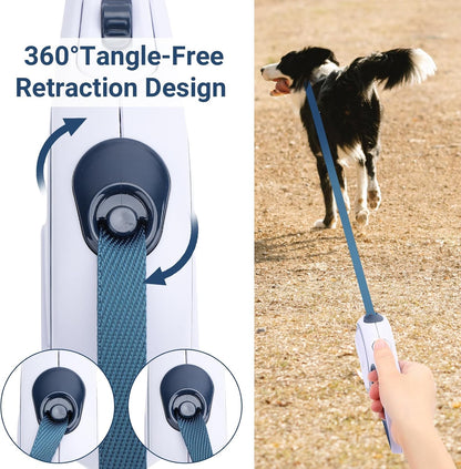 26ft Dog Leash Retractable, 8m Dog Leads Long for Medium Large Breed Pets 44-110Lbs, No Tangle Nylon Tape and 1 Button Break & Lock Heavy Duty Leash for Training Running, Pink