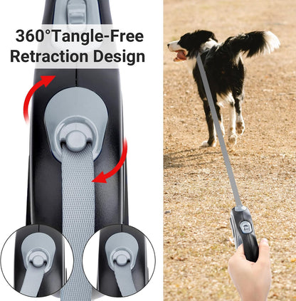 26ft Dog Leash Retractable, 8m Dog Leads Long for Medium Large Breed Pets 44-110Lbs, No Tangle Nylon Tape and 1 Button Break & Lock Heavy Duty Leash for Training Running, Pink