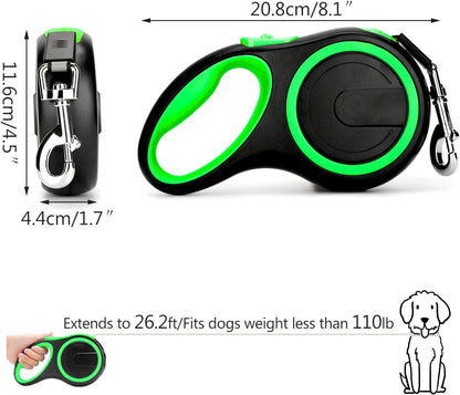 26ft Dog Leash Retractable, 8m Dog Leads Long for Medium Large Breed Pets 44-110Lbs, No Tangle Nylon Tape and 1 Button Break & Lock Heavy Duty Leash for Training Running, Pink