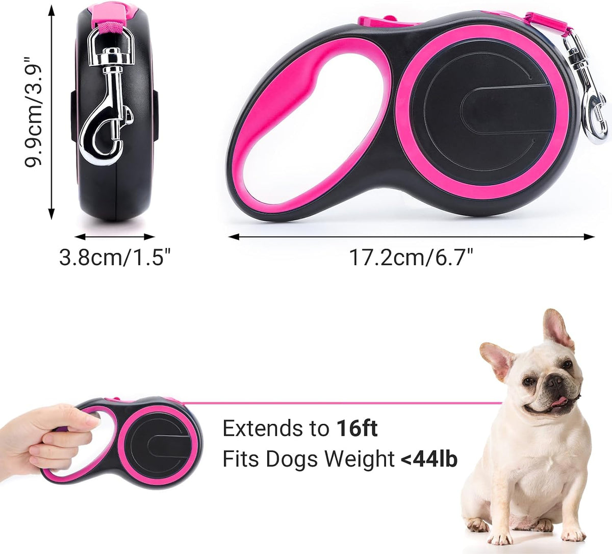 26ft Dog Leash Retractable, 8m Dog Leads Long for Medium Large Breed Pets 44-110Lbs, No Tangle Nylon Tape and 1 Button Break & Lock Heavy Duty Leash for Training Running, Pink