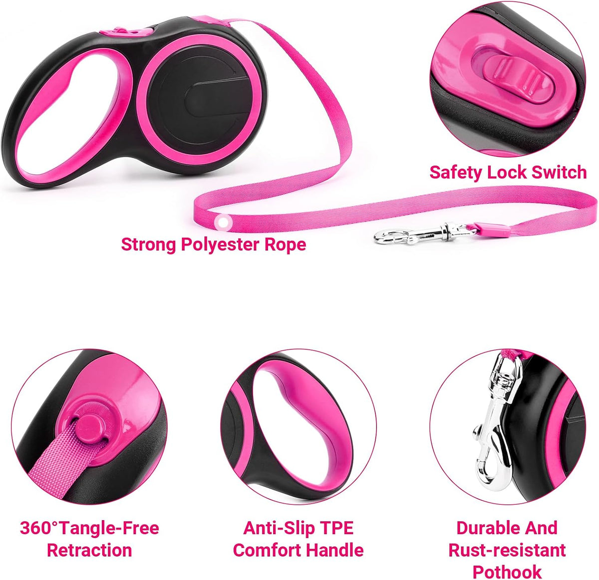 26ft Dog Leash Retractable, 8m Dog Leads Long for Medium Large Breed Pets 44-110Lbs, No Tangle Nylon Tape and 1 Button Break & Lock Heavy Duty Leash for Training Running, Pink