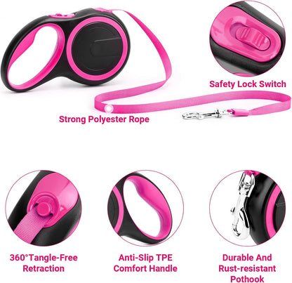 26ft Dog Leash Retractable, 8m Dog Leads Long for Medium Large Breed Pets 44-110Lbs, No Tangle Nylon Tape and 1 Button Break & Lock Heavy Duty Leash for Training Running, Pink