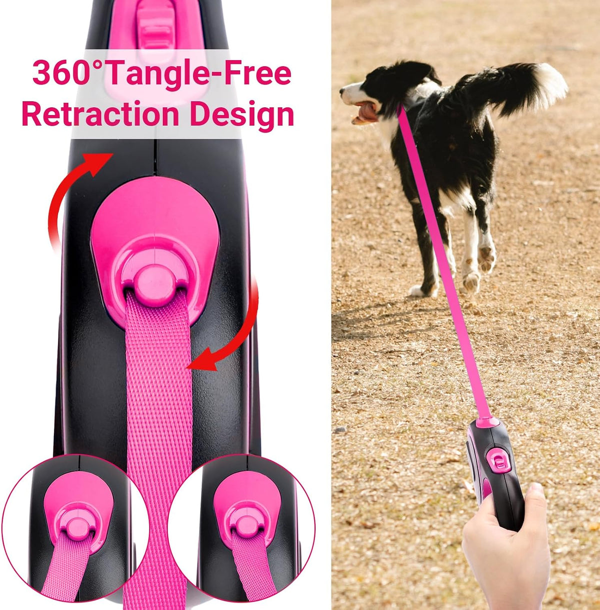 26ft Dog Leash Retractable, 8m Dog Leads Long for Medium Large Breed Pets 44-110Lbs, No Tangle Nylon Tape and 1 Button Break & Lock Heavy Duty Leash for Training Running, Pink