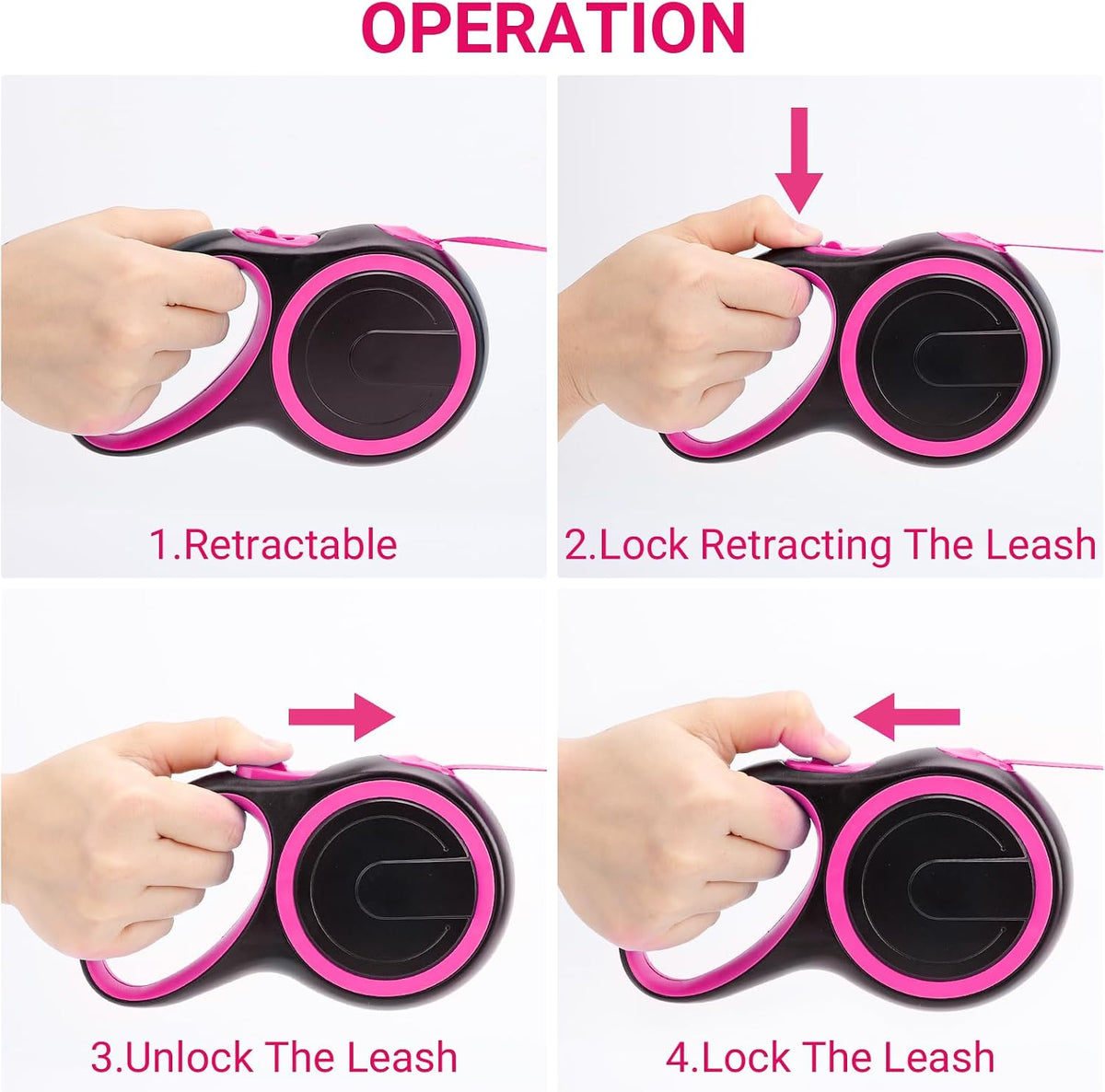 26ft Dog Leash Retractable, 8m Dog Leads Long for Medium Large Breed Pets 44-110Lbs, No Tangle Nylon Tape and 1 Button Break & Lock Heavy Duty Leash for Training Running, Pink