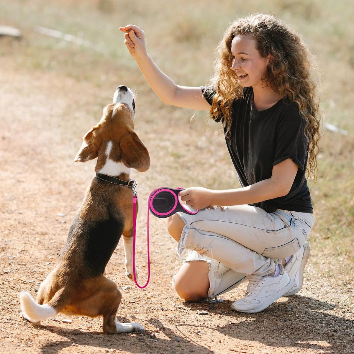 26ft Dog Leash Retractable, 8m Dog Leads Long for Medium Large Breed Pets 44-110Lbs, No Tangle Nylon Tape and 1 Button Break & Lock Heavy Duty Leash for Training Running, Pink