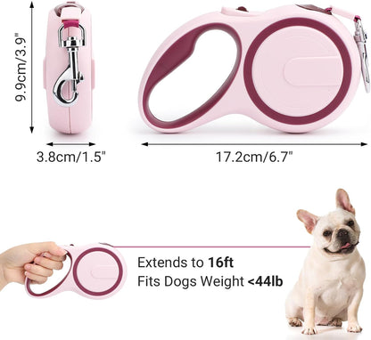 26ft Dog Leash Retractable, 8m Dog Leads Long for Medium Large Breed Pets 44-110Lbs, No Tangle Nylon Tape and 1 Button Break & Lock Heavy Duty Leash for Training Running, Pink