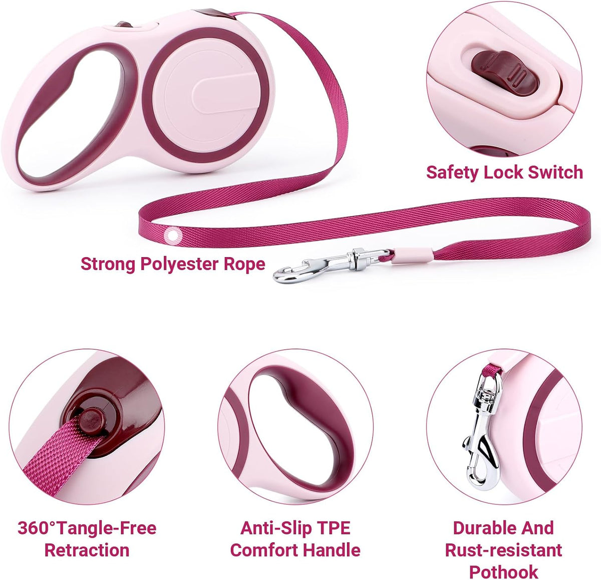 26ft Dog Leash Retractable, 8m Dog Leads Long for Medium Large Breed Pets 44-110Lbs, No Tangle Nylon Tape and 1 Button Break & Lock Heavy Duty Leash for Training Running, Pink