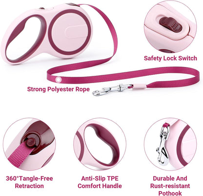 26ft Dog Leash Retractable, 8m Dog Leads Long for Medium Large Breed Pets 44-110Lbs, No Tangle Nylon Tape and 1 Button Break & Lock Heavy Duty Leash for Training Running, Pink