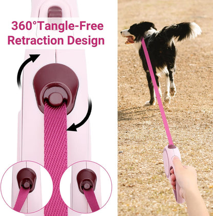26ft Dog Leash Retractable, 8m Dog Leads Long for Medium Large Breed Pets 44-110Lbs, No Tangle Nylon Tape and 1 Button Break & Lock Heavy Duty Leash for Training Running, Pink