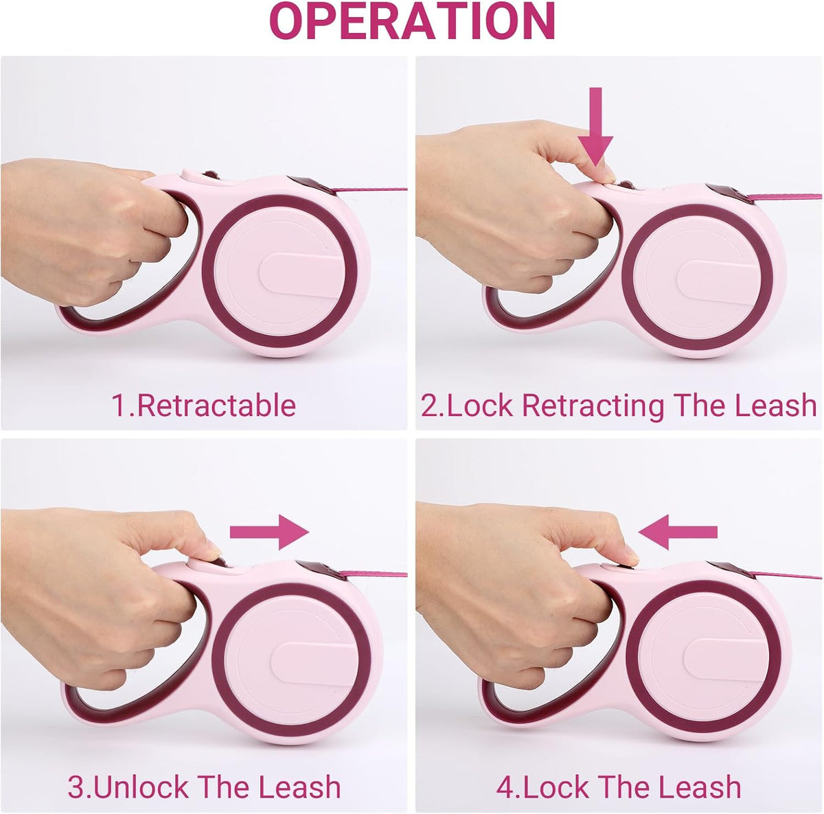 26ft Dog Leash Retractable, 8m Dog Leads Long for Medium Large Breed Pets 44-110Lbs, No Tangle Nylon Tape and 1 Button Break & Lock Heavy Duty Leash for Training Running, Pink