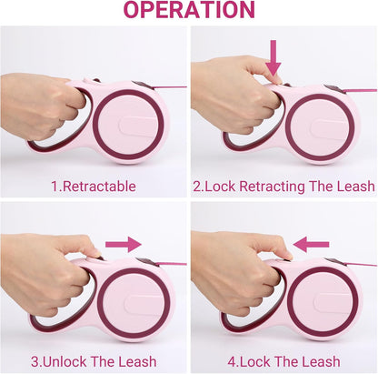 26ft Dog Leash Retractable, 8m Dog Leads Long for Medium Large Breed Pets 44-110Lbs, No Tangle Nylon Tape and 1 Button Break & Lock Heavy Duty Leash for Training Running, Pink