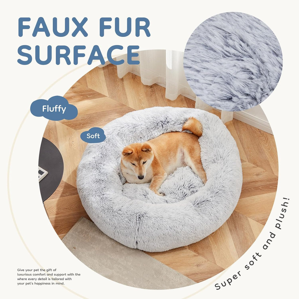 DUMOS 30.7 Inch Large Donut Dog Bed for Indoor Use, Fluffy Faux Fur Plush