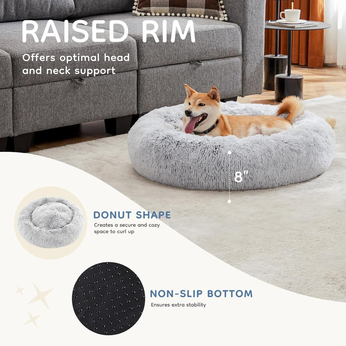 DUMOS 30.7 Inch Large Donut Dog Bed for Indoor Use, Fluffy Faux Fur Plush