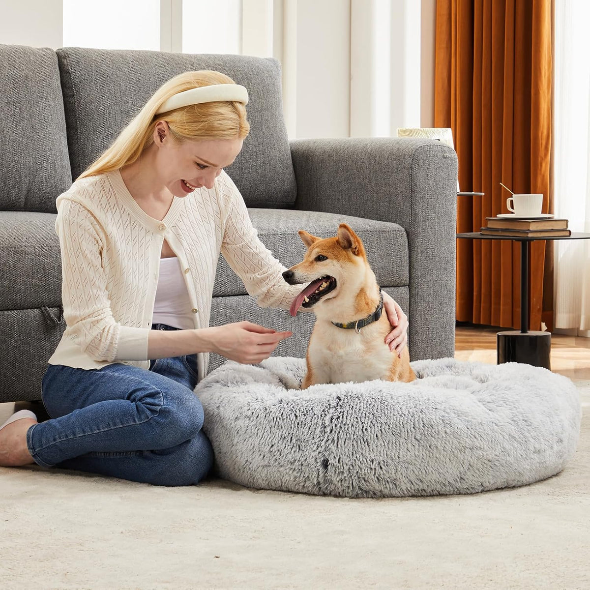 DUMOS 30.7 Inch Large Donut Dog Bed for Indoor Use, Fluffy Faux Fur Plush