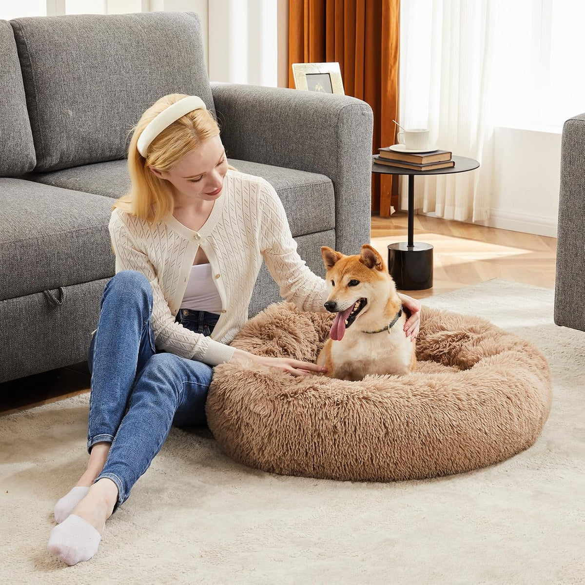DUMOS 30.7 Inch Large Donut Dog Bed for Indoor Use, Fluffy Faux Fur Plush