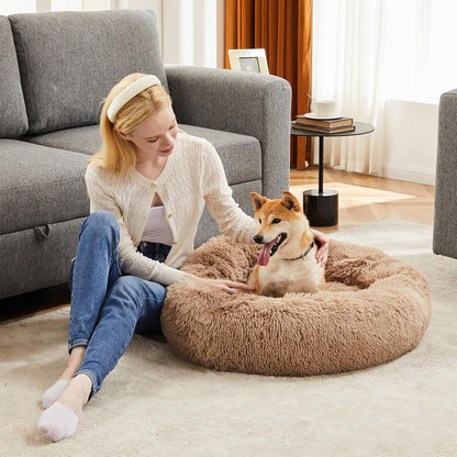 DUMOS 30.7 Inch Large Donut Dog Bed for Indoor Use, Fluffy Faux Fur Plush