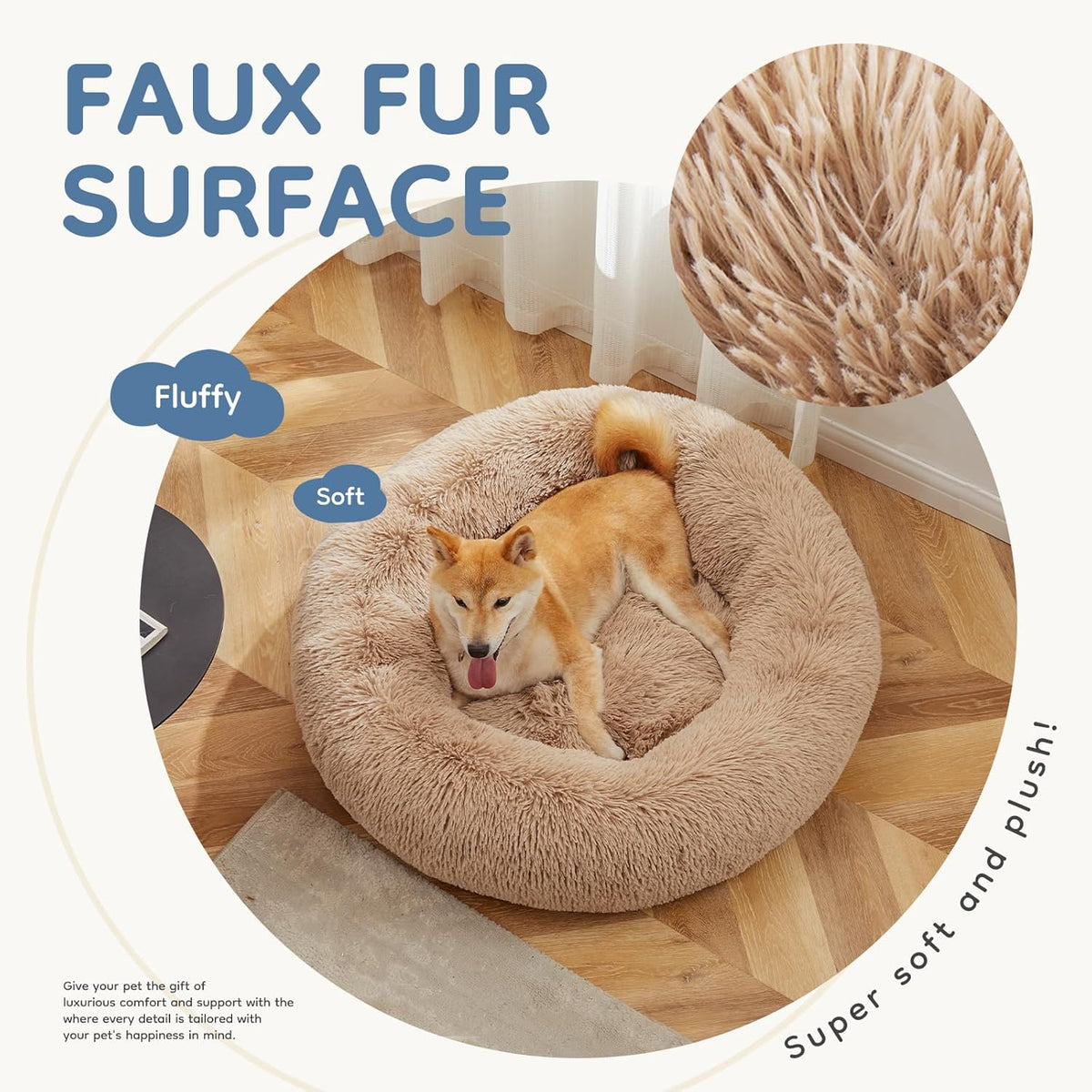 DUMOS 30.7 Inch Large Donut Dog Bed for Indoor Use, Fluffy Faux Fur Plush