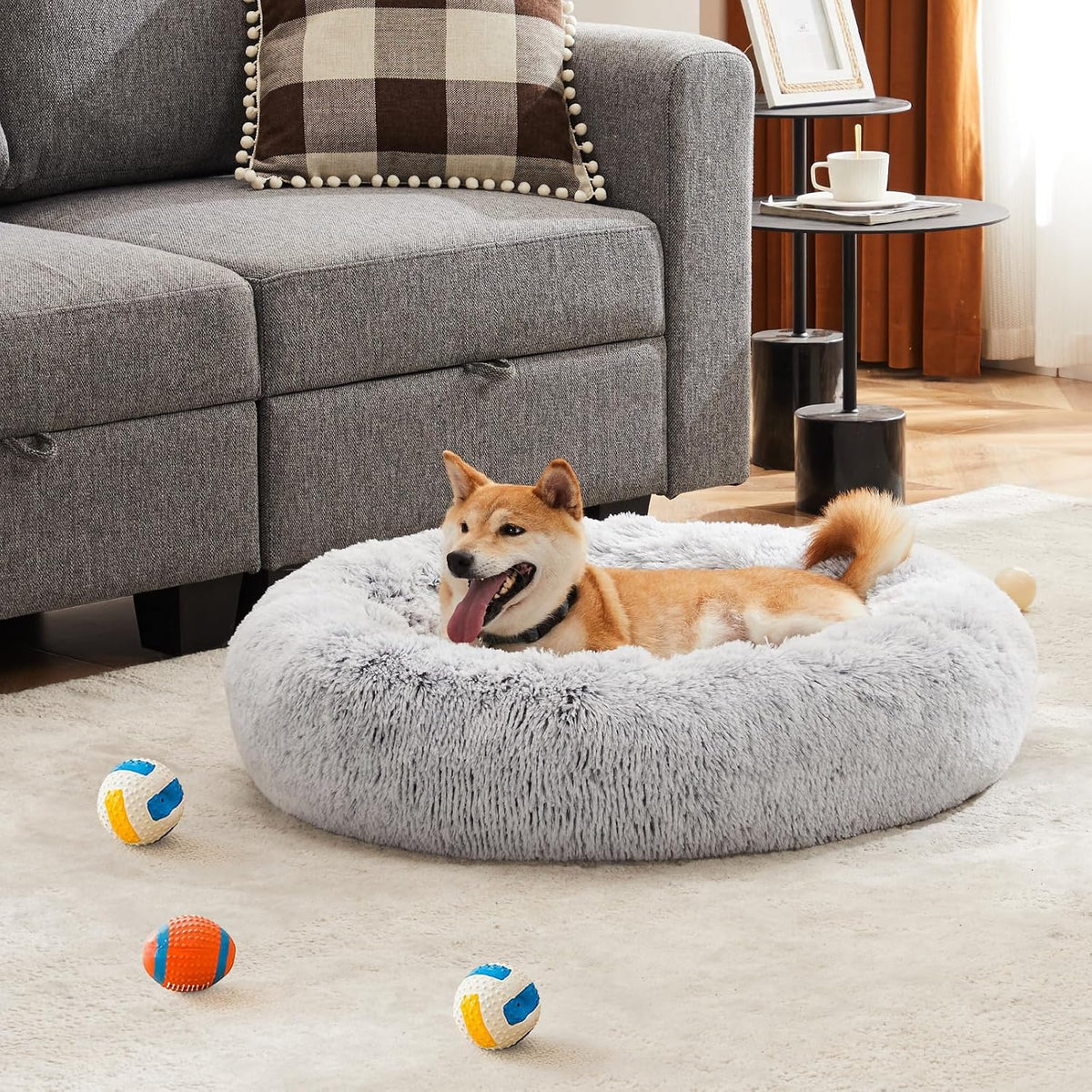 DUMOS 30.7 Inch Large Donut Dog Bed for Indoor Use, Fluffy Faux Fur Plush