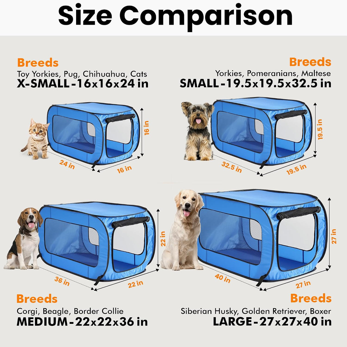 Portable Collapsible Pop Up Kennel, 32.5"L x 19.5"W x 19.5"H, Blue