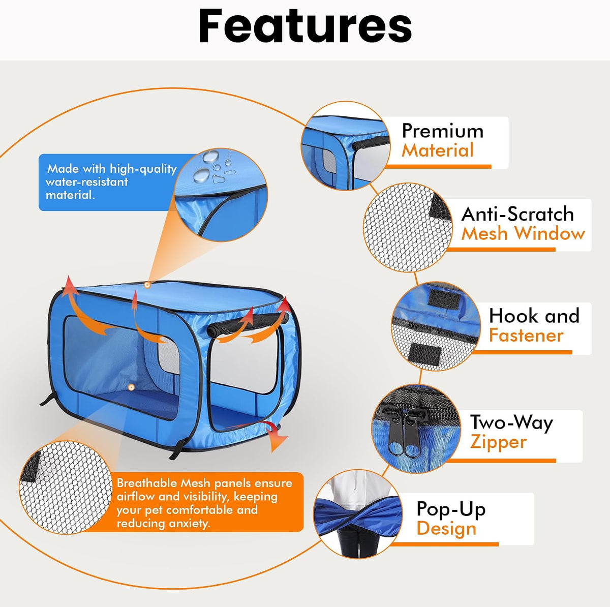 Portable Collapsible Pop Up Kennel, 32.5"L x 19.5"W x 19.5"H, Blue