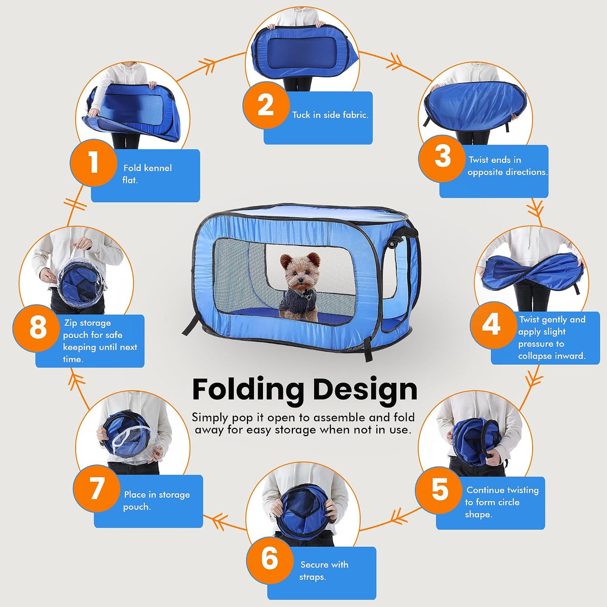 Portable Collapsible Pop Up Kennel, 32.5"L x 19.5"W x 19.5"H, Blue