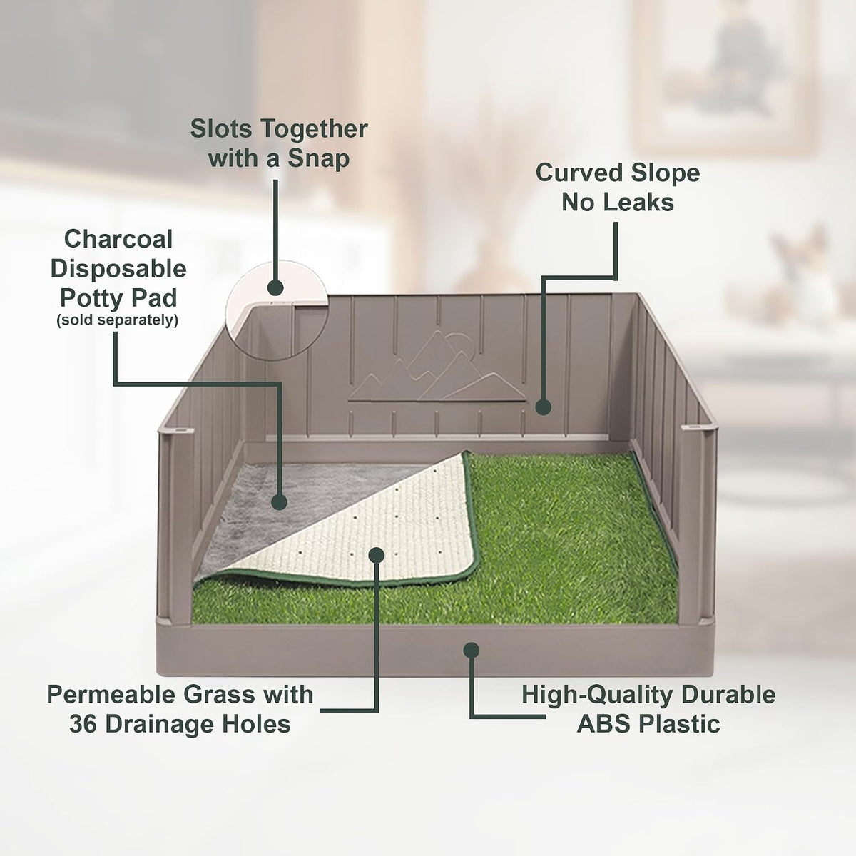 Dog Litter Box with High Walls, Indoor Dog Potty, Artificial Grass Pad with Tray for Dogs, Pee Pad Holder, Potty Training Tray with Reusable Turf Patch, for Apartments & Balconies