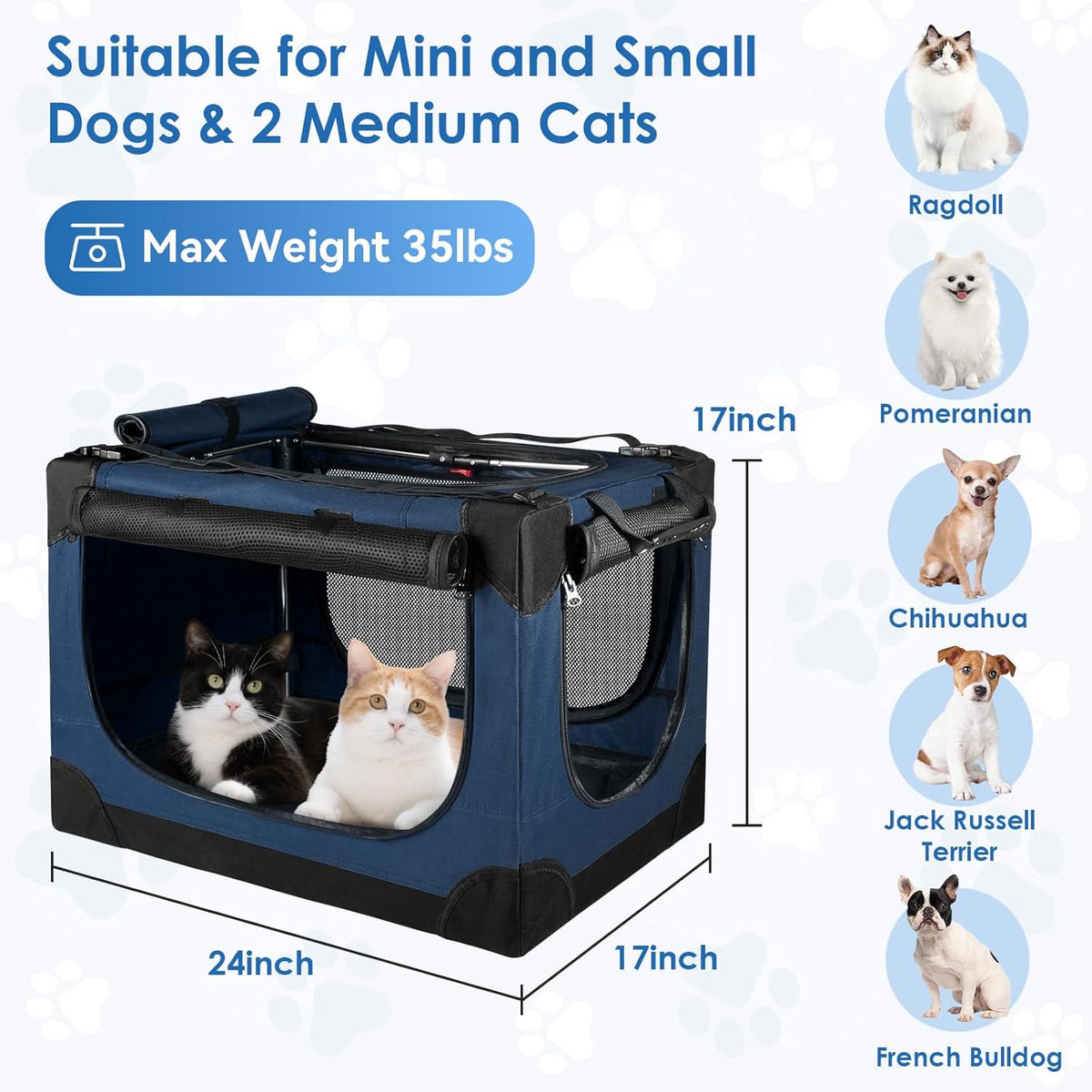 24 Inch Collapsible Soft Dog Crate for Small Dogs, Travel Dog Crate Bule