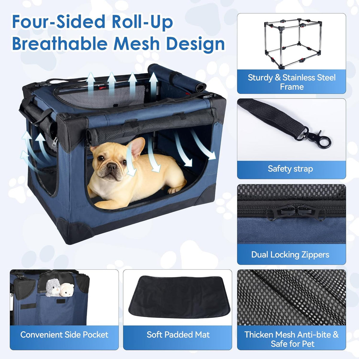 24 Inch Collapsible Soft Dog Crate for Small Dogs, Travel Dog Crate Bule