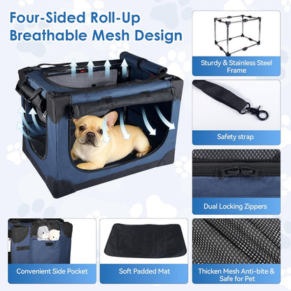 24 Inch Collapsible Soft Dog Crate for Small Dogs, Travel Dog Crate Bule