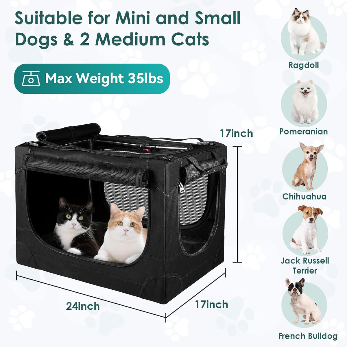 24 Inch Collapsible Soft Dog Crate for Small Dogs, Travel Dog Crate Bule