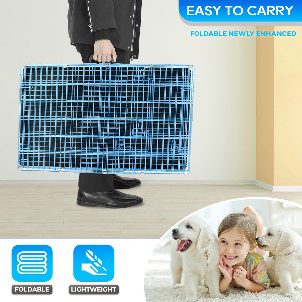 48" Foldable Metal Dog Crate | Dark Black | Cage for XL Dogs