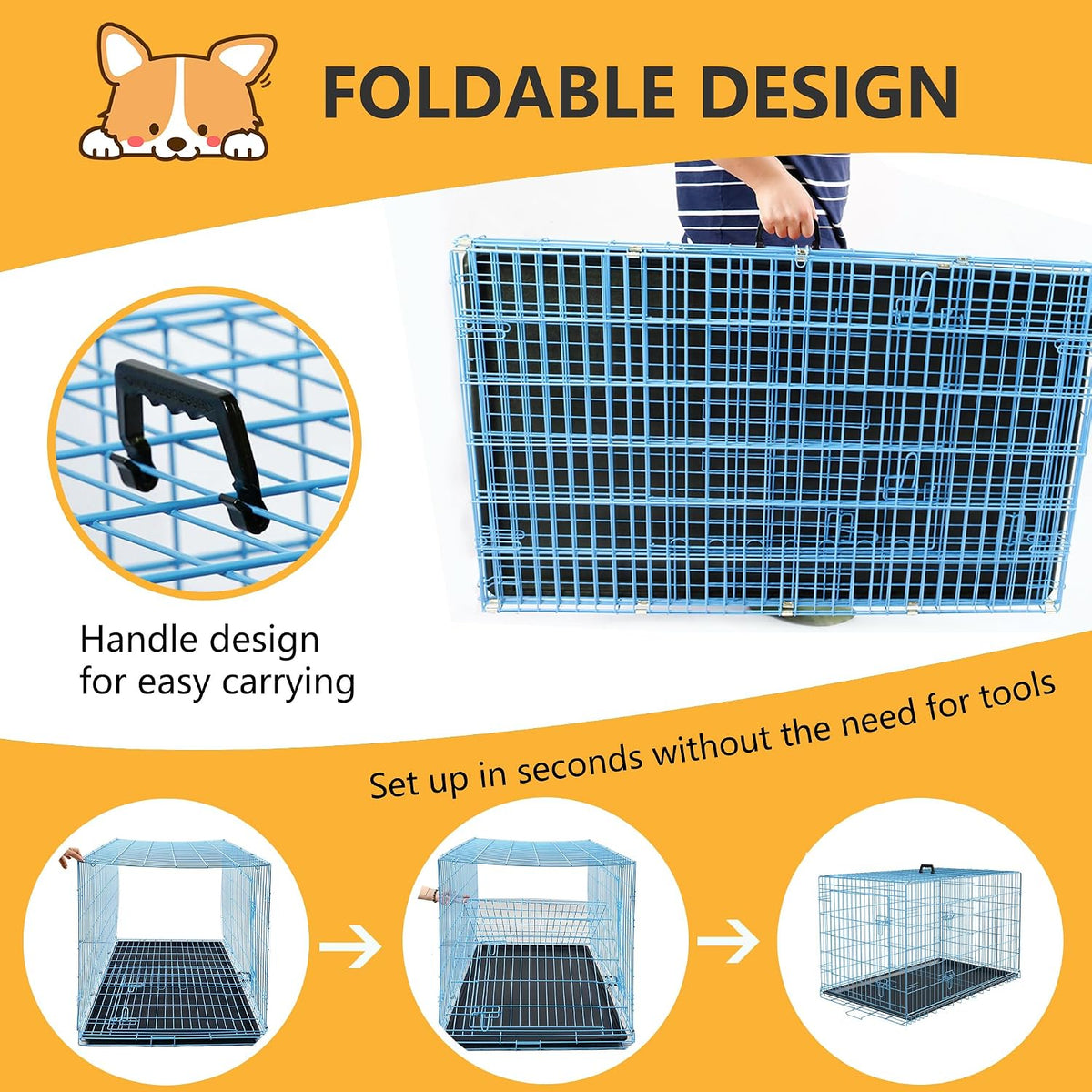 48" Foldable Metal Dog Crate | Dark Black | Cage for XL Dogs