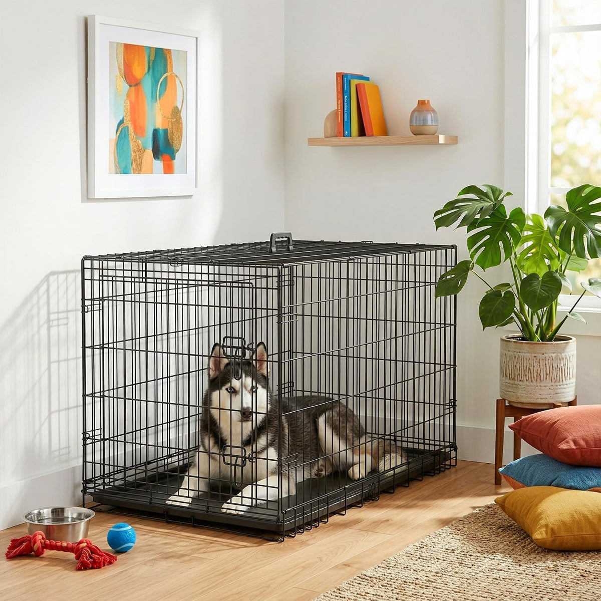 48" Foldable Metal Dog Crate | Dark Black | Cage for XL Dogs