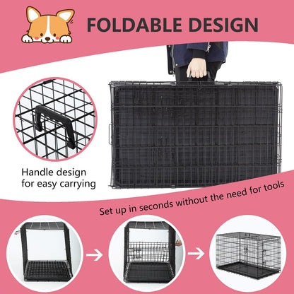 48" Foldable Metal Dog Crate | Dark Black | Cage for XL Dogs