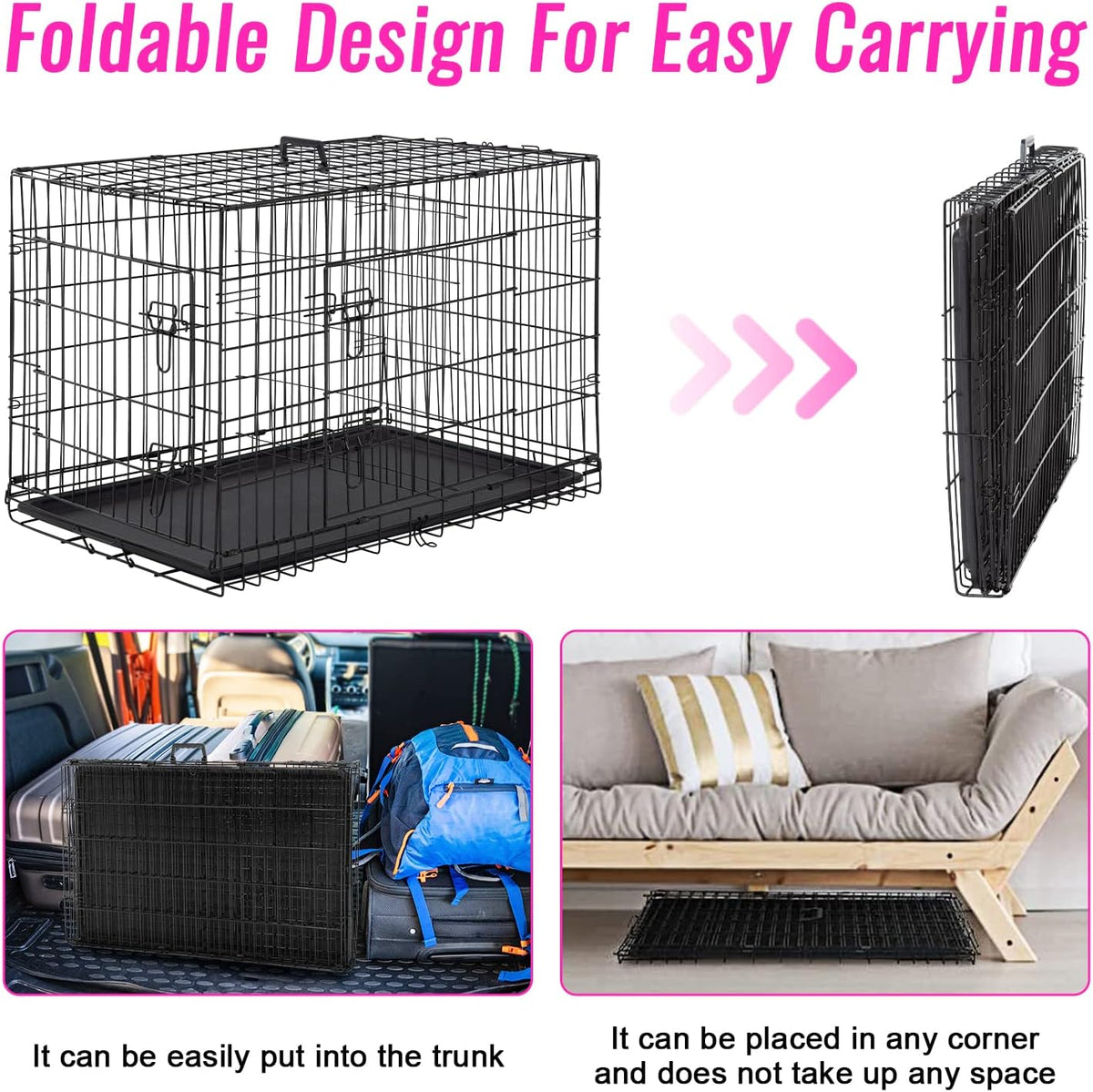 48" Foldable Metal Dog Crate | Dark Black | Cage for XL Dogs